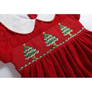 NEW Girls Christmas Tree Corduroy Smocked A-Line Dress with Lapel Collar